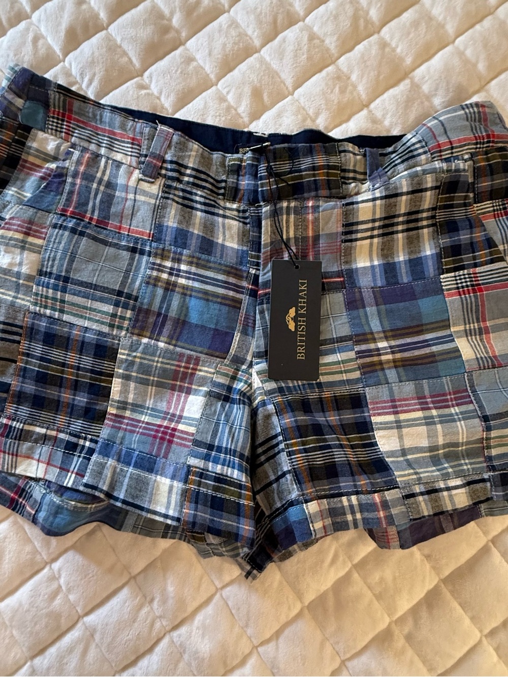 British Khaki Patchwork Plaid Shorts Blue Madras NWT Women’s Size 4